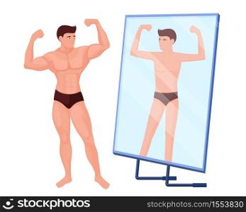 Reflection in mirror of a man no muscles. Male bodybuilder character with pumped up muscles is reflected in mirror as thin and weak concept of vector desire being passed off as reality.. Reflection in mirror of a man no muscles. Male bodybuilder character with pumped up muscles.