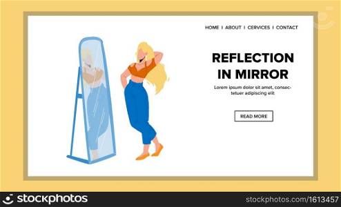 Reflection In Mirror Watching Young Woman Vector. Reflection In Mirror Examining Girl Her Clothes, Beauty Makeup Or Hairstyle. Glamor Character Lady In Fashion Clothing Web Flat Cartoon Illustration. Reflection In Mirror Watching Young Woman Vector