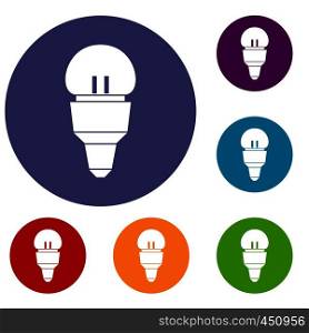Reflector bulb icons set in flat circle reb, blue and green color for web. Reflector bulb icons set