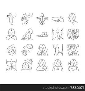 Reflex Of Human Neurology System Icons Set Vector. Cremasteric And Gastrocolic, Asymmetrical Tonic Neck And Palmar Grasp Reflex. Muscular Defense And Photic Sneeze Black Contour Illustrations. Reflex Of Human Neurology System Icons Set Vector