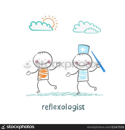 reflexologist with a needle catches patient