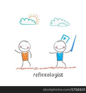 reflexologist with a needle catches patient. Fun cartoon style illustration. The situation of life.