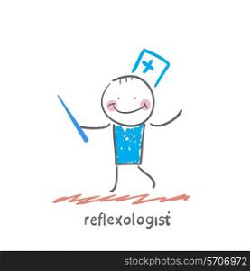 reflexologist with needle. Fun cartoon style illustration. The situation of life.