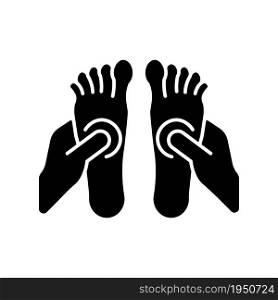 Reflexology black glyph icon. Applying pressure to feet. Therapeutic massage technique. Improve circulation. Release energy blockages. Silhouette symbol on white space. Vector isolated illustration. Reflexology black glyph icon