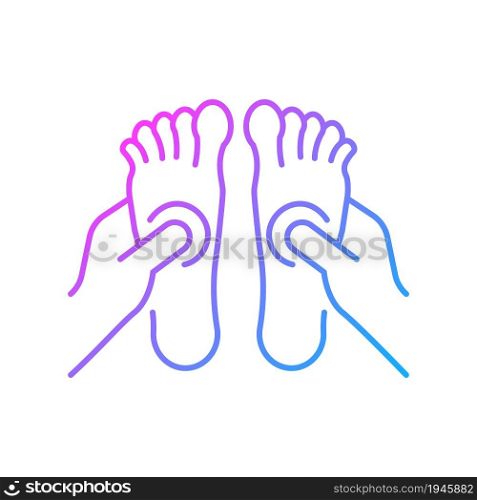 Reflexology gradient linear vector icon. Applying pressure to feet. Therapeutic massage. Improve circulation. Thin line color symbol. Modern style pictogram. Vector isolated outline drawing. Reflexology gradient linear vector icon