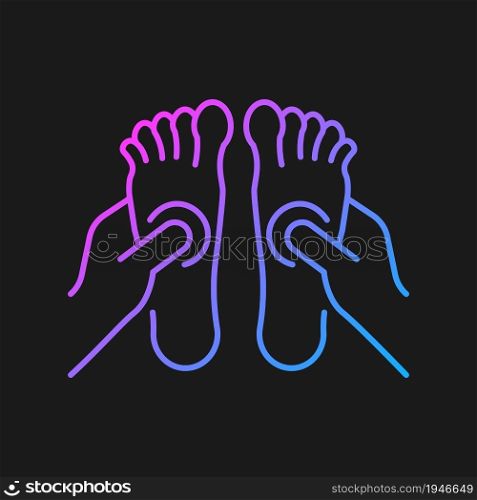 Reflexology gradient vector icon for dark theme. Applying pressure to feet. Therapeutic massage. Improve circulation. Thin line color symbol. Modern style pictogram. Vector isolated outline drawing. Reflexology gradient vector icon for dark theme