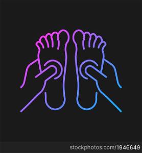 Reflexology gradient vector icon for dark theme. Applying pressure to feet. Therapeutic massage. Improve circulation. Thin line color symbol. Modern style pictogram. Vector isolated outline drawing. Reflexology gradient vector icon for dark theme