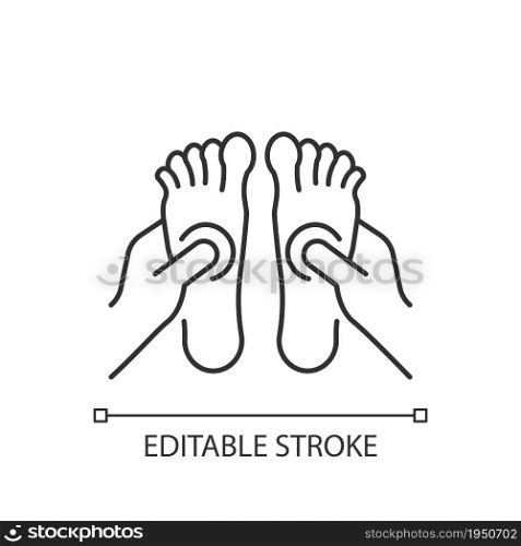 Reflexology linear icon. Applying pressure to feet. Therapeutic massage. Improve circulation. Thin line customizable illustration. Contour symbol. Vector isolated outline drawing. Editable stroke. Reflexology linear icon