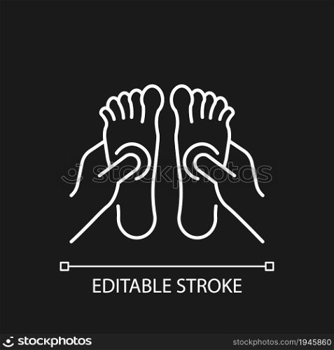 Reflexology white linear icon for dark theme. Applying pressure to feet. Improve circulation. Thin line customizable illustration. Isolated vector contour symbol for night mode. Editable stroke. Reflexology white linear icon for dark theme