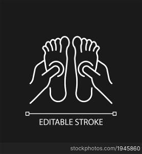 Reflexology white linear icon for dark theme. Applying pressure to feet. Improve circulation. Thin line customizable illustration. Isolated vector contour symbol for night mode. Editable stroke. Reflexology white linear icon for dark theme