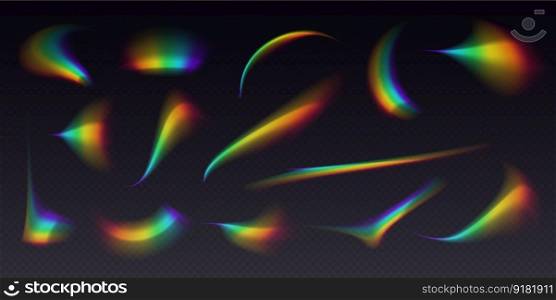 Refractions set, leak flare overlay, rainbow sunlight effect, holographic rays collection isolated on a black background. Blurred bokeh retro photo texture, vintage camera glare. Vector illustration.. Refractions set, leak flare overlay, rainbow sunlight effect, holographic rays collection