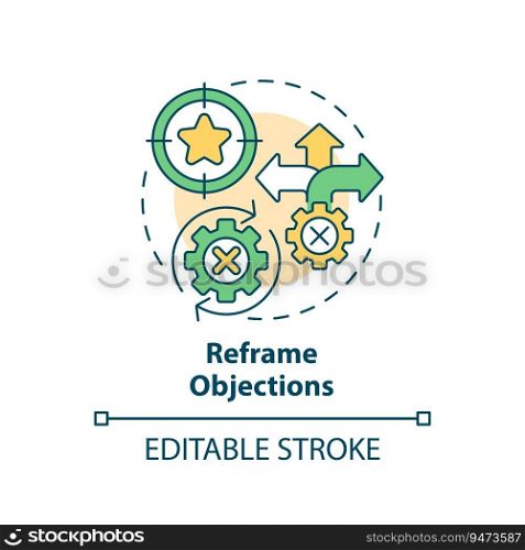 Reframe objections multi color concept icon. Product benefits. Provide information. Sales technique. Selling strategy. Round shape line illustration. Abstract idea. Graphic design. Easy to use. Reframe objections multi color concept icon