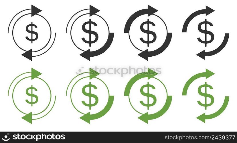Refresh dollar icon. Repeat payment illustration symbol. Sign update money vector.
