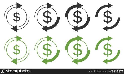 Refresh dollar icon. Repeat payment illustration symbol. Sign update money vector.