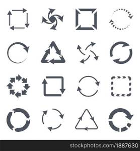 Refresh icons. Black looped arrows, download process signs, restart, update and waiting symbols, digital web circular rotations, silhouette environmental geometric signs, vector isolated on white set. Refresh icons. Black looped arrows, download process signs, restart, update and waiting symbols, digital web circular rotations, silhouette environmental geometric signs, vector set
