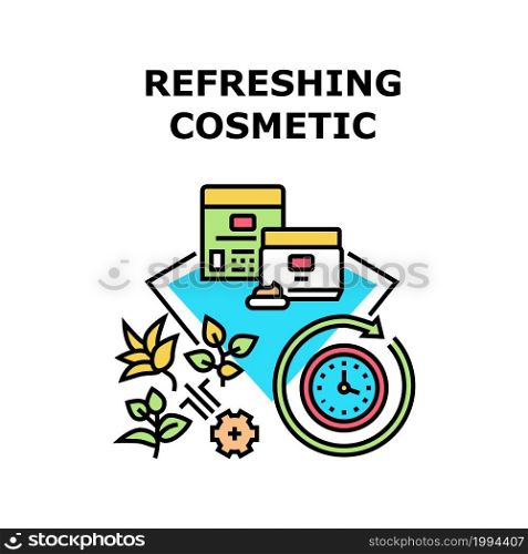 Refreshing Cosmetic Vector Icon Concept. Natural Cream And Lotion Moisturizing And Refreshing Cosmetic For Healthcare Skin. Herbal Ingredient For Preparing Cosmetology Product Color Illustration. Refreshing Cosmetic Concept Color Illustration