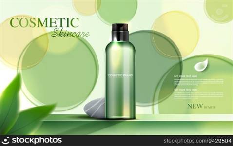 Refreshing cosmetics or skin care product ads with bottle, banner ad for beauty products, circular glass disks for packaging presentation on green background. vector design.