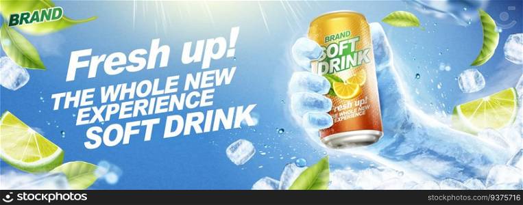 Refreshing soft drink banner ads with frozen hand holding beverage in 3d illustration. Refreshing soft drink banner ads