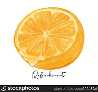 Refreshment half cut of orange fruit with liquid drip watercolor hand painting Semi realistic illustration vector isolated on white background.