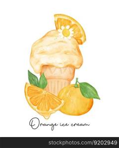 Refreshment homemade orange ice cream waffle cone with fruits composition watercolour illustration vector banner isolated on white background.