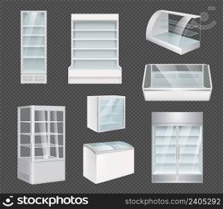 Refrigeration realistic. Retail open white refrigerators with ice for markets freeze interior decent vector templates set. Illustration of commercial refrigerator for retail and supermarket. Refrigeration realistic. Retail open white refrigerators with ice for markets freeze interior decent vector templates set