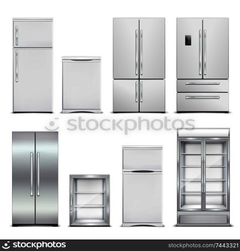 Refrigerator fridge realistic set of isolated cabinets with different models and door shapes on blank background vector illustration. Refrigeration Cabinets Realistic Set