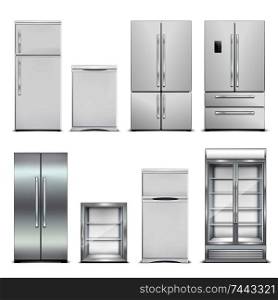 Refrigerator fridge realistic set of isolated cabinets with different models and door shapes on blank background vector illustration. Refrigeration Cabinets Realistic Set