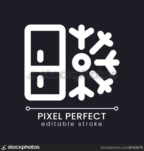 Refrigerator pixel perfect white linear ui icon for dark theme. Kitchen electric appliance. Vector line pictogram. Isolated user interface symbol for night mode. Editable stroke. Poppins font used. Refrigerator pixel perfect white linear ui icon for dark theme