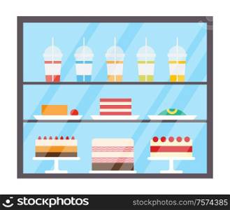 Refrigerator with juice beverages and cakes vector. Sweets in fridge, drinks poured on plastic mugs with straws. Tasty food in shop, bakery store. Cake and Juices in Plastic Cups Refrigerator