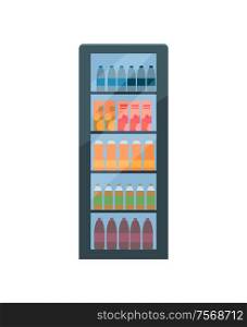 Refrigerator with soda and fizzy drinks vector isolated. Fridge with cooling beverages, mineral water and juice, cinema water cooling device on white. Refrigerator Soda and Fizzy Drinks Vector Isolated