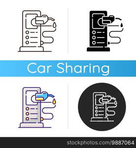 Refueling a car icon. Refilling your automobile fuel tank. Charging electrocar batteries. Using gasoline to move. Linear black and RGB color styles. Isolated vector illustrations. Refueling a car icon
