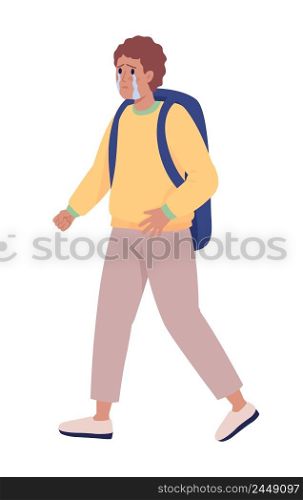 Refugee boy looking for help and asylum semi flat color vector character. Sobbing figure. Full body person on white. Simple cartoon style illustration for web graphic design and animation. Refugee boy looking for help and protection semi flat color vector character