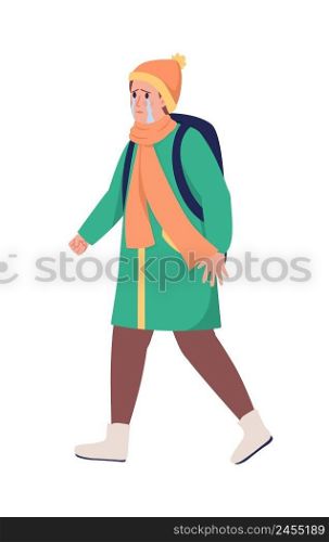 Refugee boy with backpack running away from war semi flat color vector character. Sobbing figure. Full body person on white. Simple cartoon style illustration for web graphic design and animation. Refugee boy with backpack running away from war semi flat color vector character