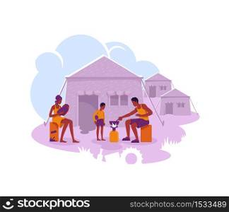 Refugee camp 2D vector web banner, poster. Illegal migrant temporary settlement flat characters on cartoon background. Immigrants family in tents printable patch, colorful web element. Refugee camp 2D vector web banner, poster