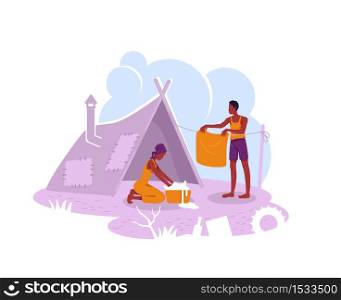 Refugee camp 2D vector web banner, poster. Illegal migrant temporary shelter flat characters on cartoon background. Poor family in tent printable patch, colorful web element. Refugee camp 2D vector web banner, poster