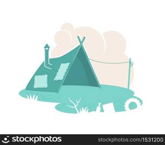 Refugee camp tent 2D vector web banner, poster. Dwelling in slum. Poor people settlement flat illustration on cartoon background. Temporary shelter patch, colorful web element. Refugee camp tent 2D vector web banner, poster