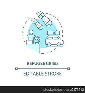 Refugee crisis blue concept icon. Escaping war zones. Social justice example abstract idea thin line illustration. Isolated outline drawing. Editable stroke. Arial, Myriad Pro-Bold fonts used. Refugee crisis blue concept icon