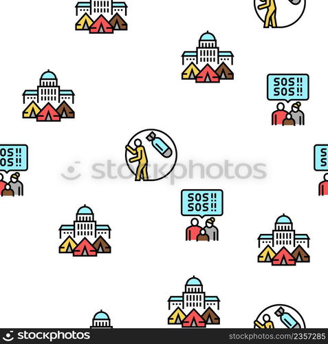 Refugee From Problem Collection Icons Set Vector. Man And Family Refugee Escape From War And Hurricane, Worldwide Donation And Help, Black Contour Illustrations. Refugee From Problem Collection Icons Set Vector