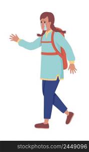 Refugee girl looking for help and protection semi flat color vector character. Weeping figure. Full body person on white. Simple cartoon style illustration for web graphic design and animation. Refugee girl looking for help and protection semi flat color vector character