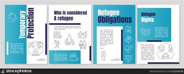 Refugee rights and duties blue brochure template. Helping refugees. Leaflet design with linear icons. 4 vector layouts for presentation, annual reports. Anton, Lato-Regular fonts used. Refugee rights and duties blue brochure template