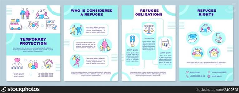 Refugee rights and duties brochure template. Helping refugees. Leaflet design with linear icons. 4 vector layouts for presentation, annual reports. Arial-Black, Myriad Pro-Regular fonts used. Refugee rights and duties brochure template