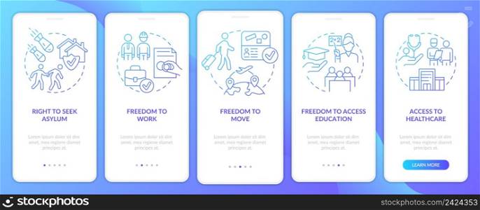 Refugee rights blue gradient onboarding mobile app screen. Help migrants walkthrough 5 steps graphic instructions pages with linear concepts. UI, UX, GUI template. Myriad Pro-Bold, Regular fonts used. Refugee rights blue gradient onboarding mobile app screen
