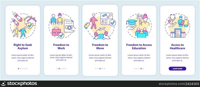 Refugee rights onboarding mobile app screen. Helping migrants walkthrough 5 steps graphic instructions pages with linear concepts. UI, UX, GUI template. Myriad Pro-Bold, Regular fonts used. Refugee rights onboarding mobile app screen