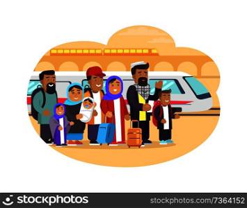Refugees families with baggage at railway station. Homeless people from Arabic countries look for shelter isolated cartoon flat vector illustration.. Refugees Families with Baggage at Railway Station