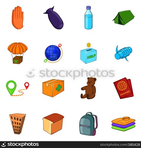 Refugees icons set. Cartoon illustration of 16 refugees vector icons for web. Refugees icons set, cartoon style