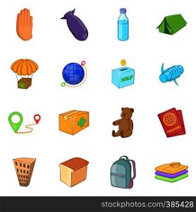 Refugees icons set. Cartoon illustration of 16 refugees vector icons for web. Refugees icons set, cartoon style