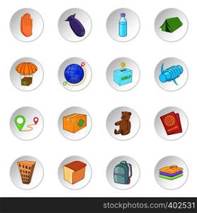 Refugees icons set. Cartoon illustration of 16 refugees vector icons for web. Refugees icons set