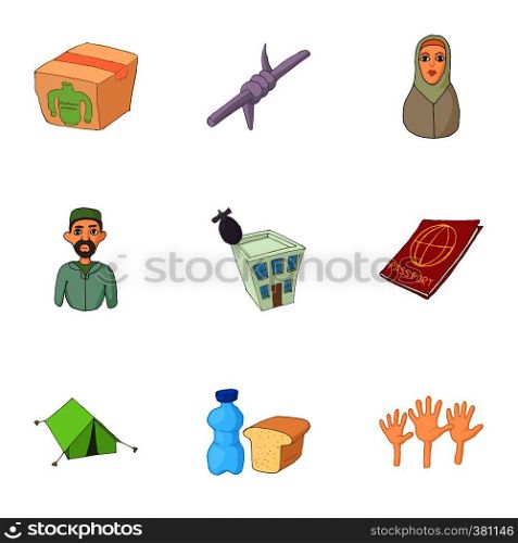 Refugees icons set. Cartoon illustration of 9 refugees vector icons for web. Refugees icons set, cartoon style