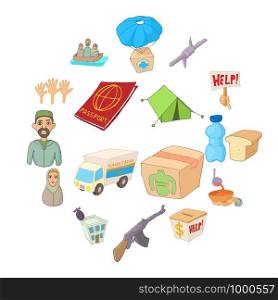Refugees icons set in cartoon style isolated on white background. Refugees icons set, cartoon style