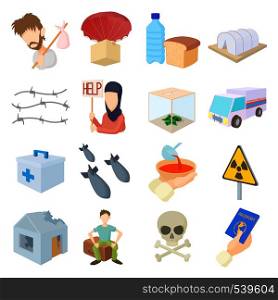 Refugees icons set in cartoon style on a white background. Refugees icons set, cartoon style